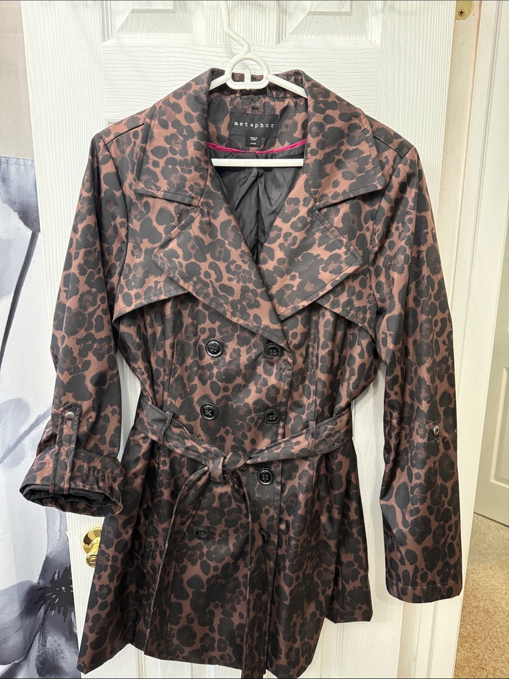 Metaphor Women's Brown and Black Leopard-Print Trench Coat Size XL